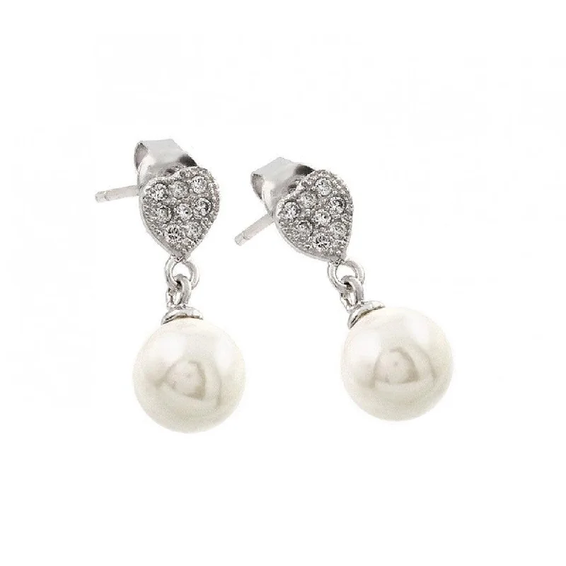 ladies-moon-gold-earrings-Silver 925 Rhodium Plated Clear Heart CZ Synthetic Pearl Dangling Stud Earrings - STE00903