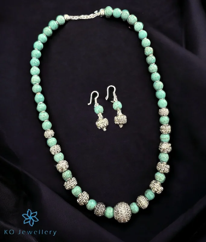 ladies-sterling-silver-tassel-earrings-The Silver Turquoise Beads Necklace & Earrings