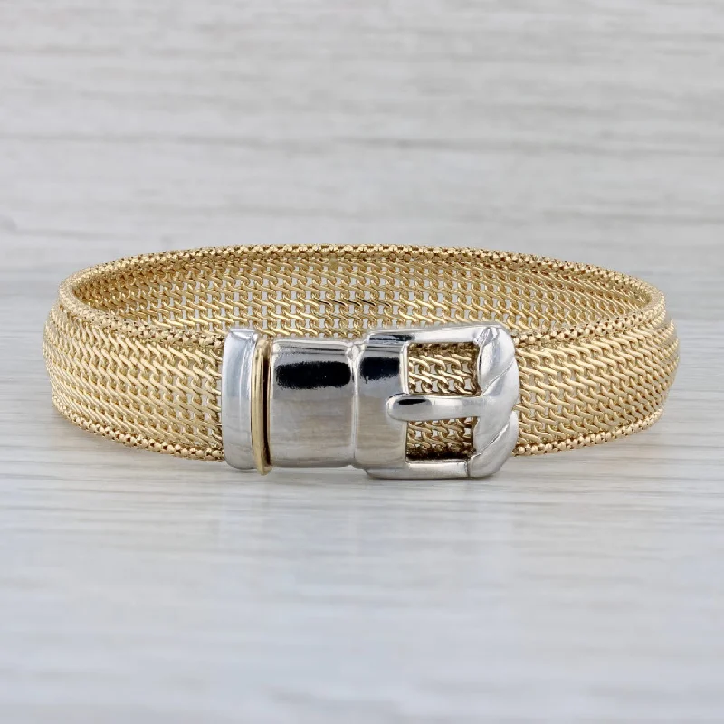 Ladies bracelets leafy patterns -Belt Buckle Bracelet 18k Yellow White Gold Mesh Band 7.25"