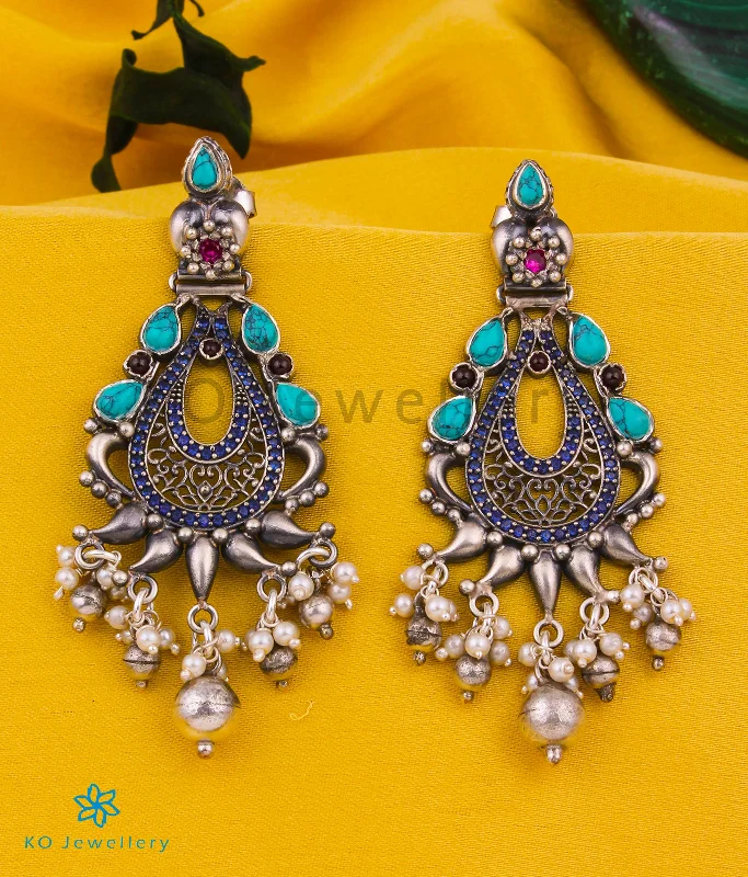 ladies-flower-pearl-earrings-The Nilaya Silver Turquoise Earrings