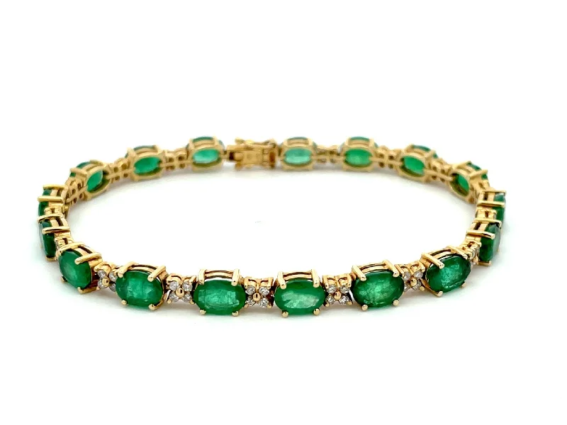 Ladies bracelets for outdoor festivals -Emerald and Diamond Tennis Bracelet in 14k Yellow Gold