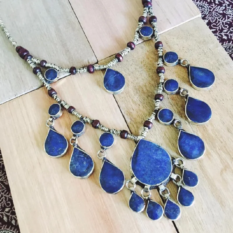 Ladies necklaces with topaz -Two tier tribal lapis lazuli stone boho necklace