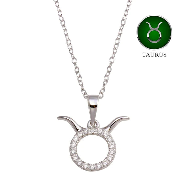 Ladies necklaces cute chains -Silver 925 Rhodium Plated Taurus CZ Zodiac Sign Necklace