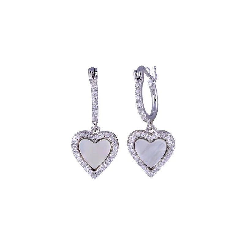 ladies-rustic-tassel-earrings-Rhodium Plated 925 Sterling Silver Dangling CZ Heart with Mother of Pearl huggie hoop Earring - BGE00676