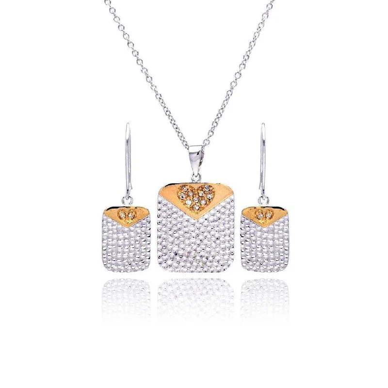 ladies-delicate-silver-earrings-Clearance-Silver 925 Rhodium and Gold Plated Clear Heart Dog Tag CZ Dangling Stud Earring and Necklace Set - BGS00040