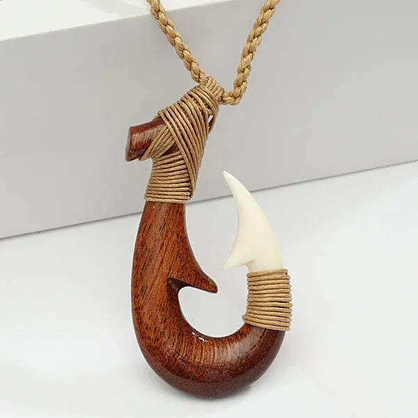 Ladies necklaces artistic strands -Clasic Style Koa Wood/Bone Fish Hook Necklace 28x52mm