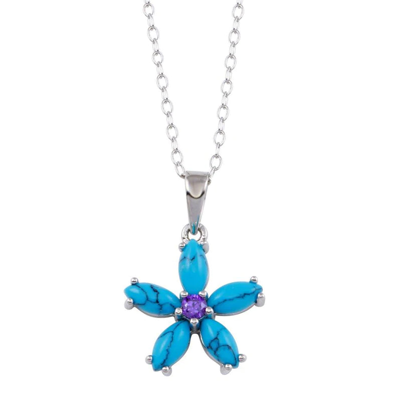 Ladies necklaces elegant chains -Silver 925 Rhodium Plated Turquoise Flower and Purple CZ Necklace