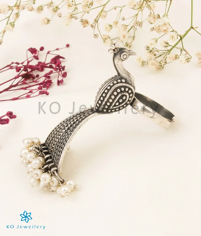 ladies-stackable-rings-The Tavus Silver Peacock Statement Open Finger Ring