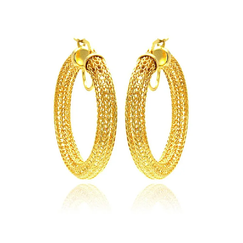 ladies-elegant-silver-earrings-Clearance-Silver 925 Gold Plated Mesh Hoop Earrings - ITE00039GP