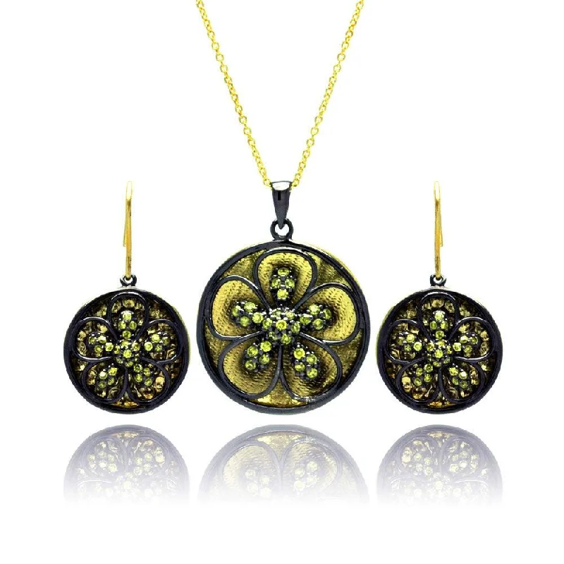 ladies-unique-silver-earrings-Clearance-Silver 925 Black Rhodium Gold Plated Flower CZ Dangling Stud Earring and Necklace Set - STS00375