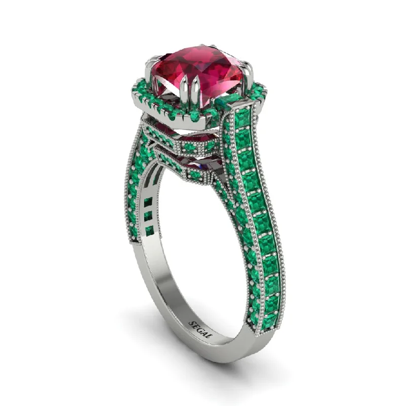 engagement-diamond-eternity-ring-Ruby Three Halo Milgrain Engagement Ring - Mira No. 27