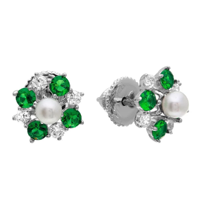 ladies-ethnic-hoop-earrings-Silver 925 Rhodium Plated Green CZ Flower Earrings with Center Fresh Water Pearl - GME00065-MAY