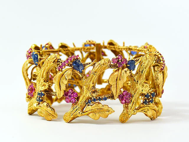 Ladies bracelets for film nights -Vintage J Rossi 18K Yellow Gold Ruby & Sapphire Bracelet. Very Rare & Gorgeous