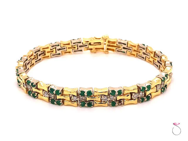 Ladies bracelets with pup charms -Vintage Emerald and Diamond Bamboo Design Bracelet 18k Yellow Gold