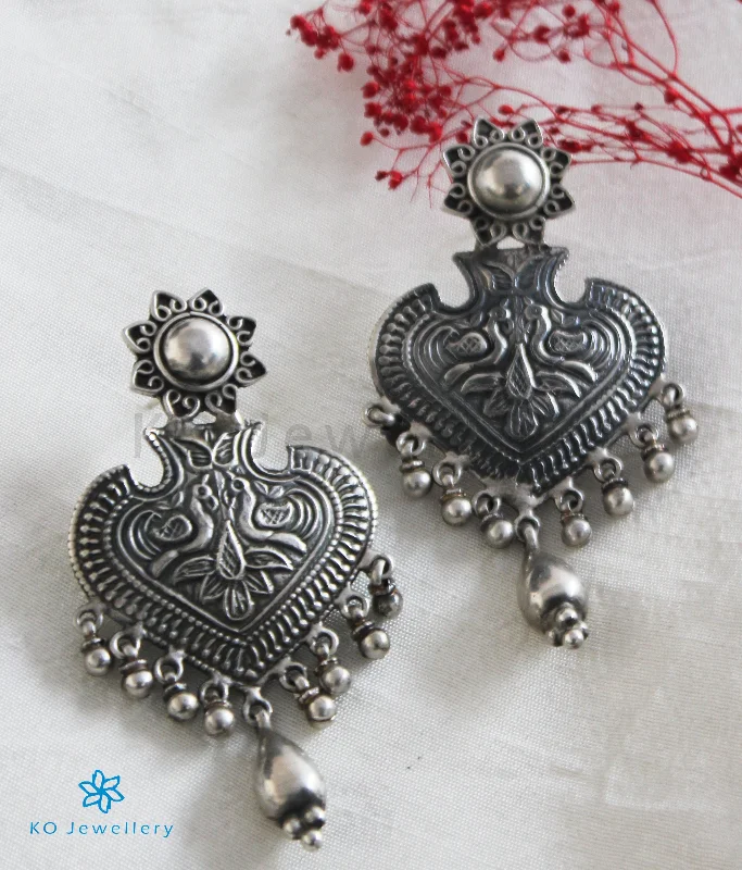 ladies-flower-rose-gold-earrings-The Dhvajin Silver Peacock Earrings (Oxidised)