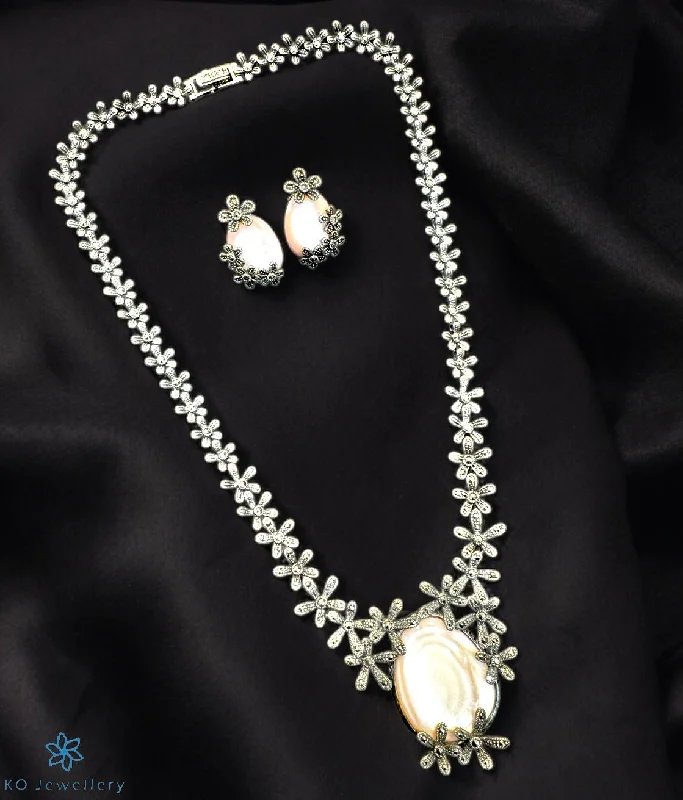 ladies-sterling-silver-charm-earrings-The Ryna Silver Marcasite Necklace & Earrings (Pearl)