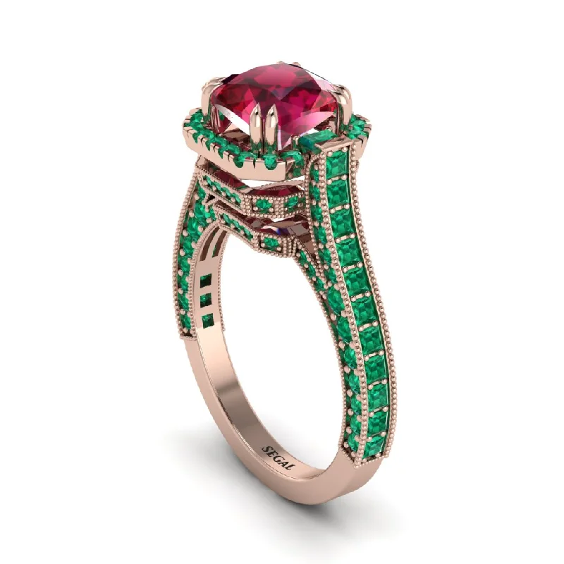 engagement-gold-solitaire-ring-Ruby Three Halo Milgrain Engagement Ring - Mira No. 26