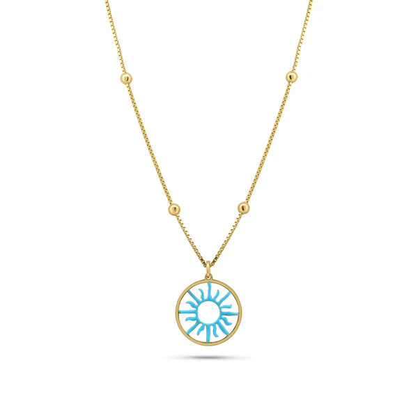 Ladies necklaces for trade shows -Gold Plated 925 Sterling Silver Turquoise Sun Charm Box Beaded Adjustable Necklace