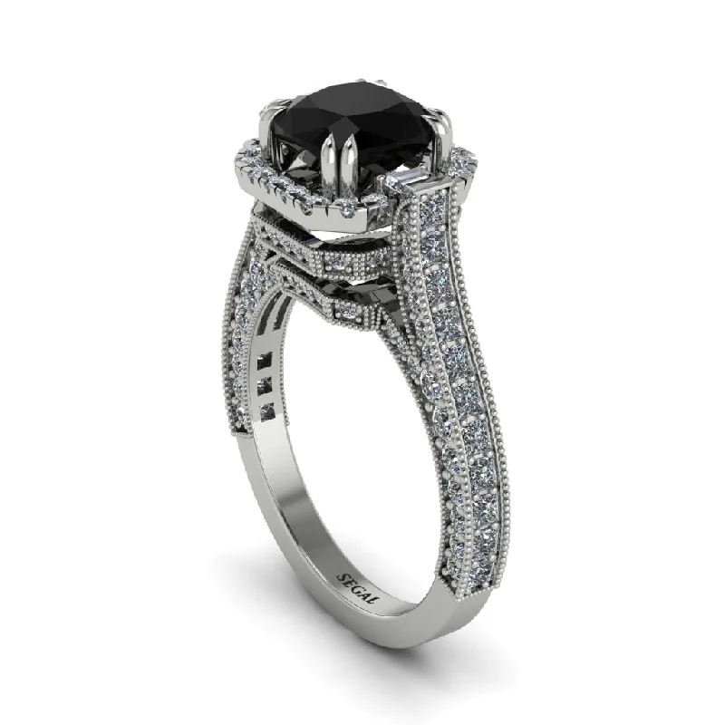 engagement-princess-cut-pearl-ring-Black Diamond Three Halo Milgrain Engagement Ring - Mira No. 9