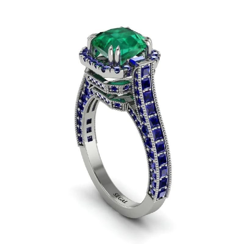 engagement-custom-diamond-ring-Emerald Three Halo Milgrain Engagement Ring - Mira No. 66