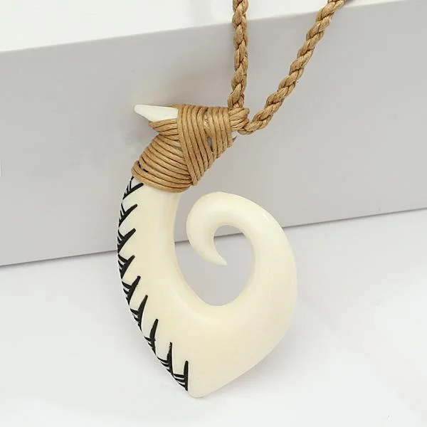 Ladies necklaces with howlite -28x48mm Buffalo Bone Fish Hook Necklace w/Blace Enamel Carving