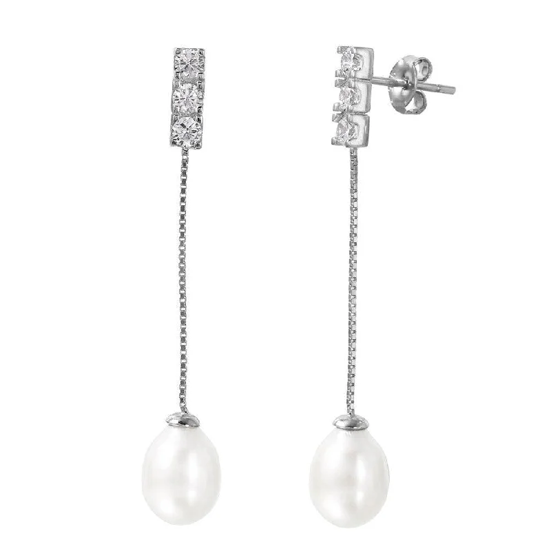 ladies-unique-gold-earrings-Silver 925 Rhodium Plated Chain Pearl CZ Dangling Stud Earrings - STE01004