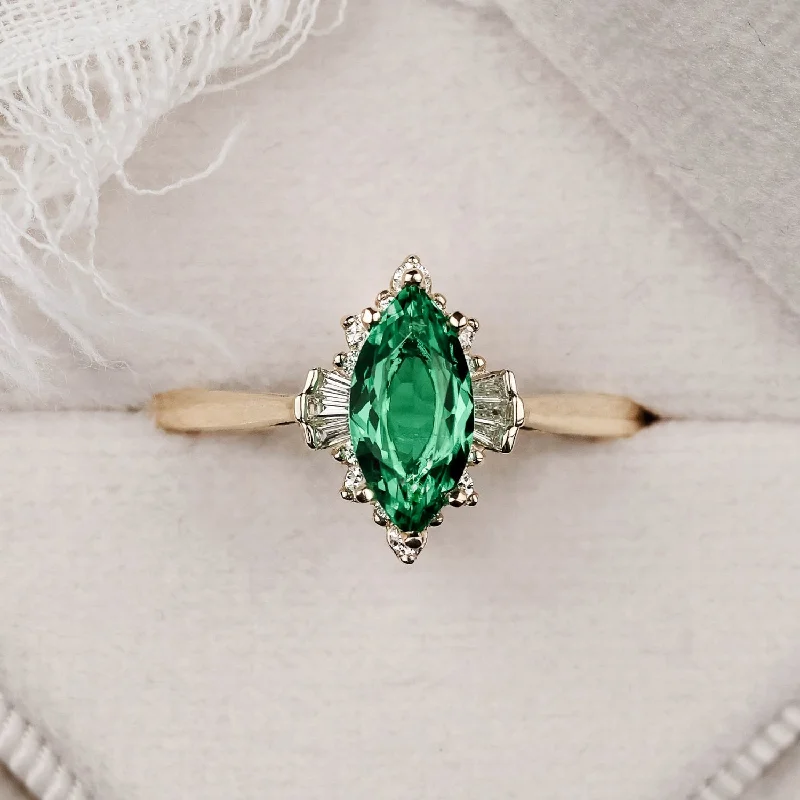 engagement-oval-gold-ring-The Verdeline -  Green Emerald Marquise Engagement Ring with Natural Diamond Halo