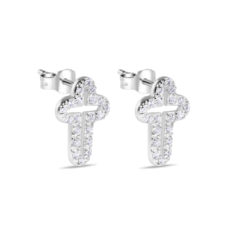 ladies-cross-rose-gold-earrings-Silver 925 Rhodium Open Cross Plated Clear CZ Stud Earrings - STEM023