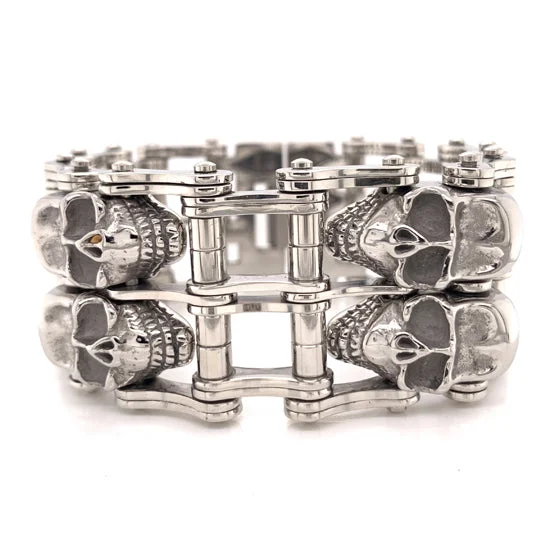 Ladies bracelets cute cuffs -Stainless Steel Double Skull Bike Chain Bracelet / WCB1002