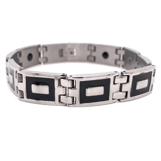 Ladies bracelets with blue agate -Black & Stainless Steel Magnetic Bracelet / MBS0037