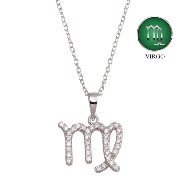 Ladies necklaces with wolf pendants -Silver 925 Rhodium Plated Virgo CZ Zodiac Sign Necklace