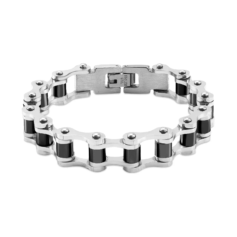 Ladies bracelets for candlelit dinners -Stainless Steel And Black Bike Chain Bracelet / BRJ2071