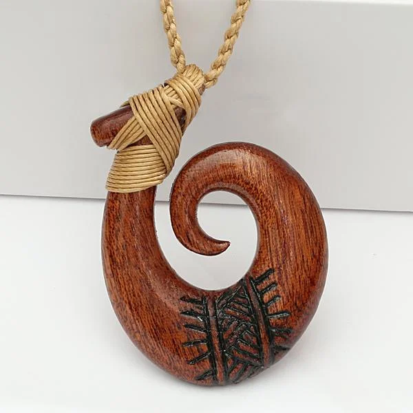 Ladies necklaces with kunzite -37x50 Koa Wood Fish Hook Necklace with Black Carving