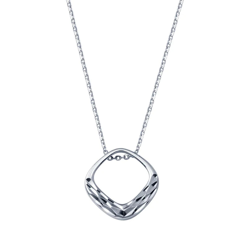 Ladies necklaces retro chains -Silver 925 Rhodium Plated Square Diamond Cut Pendant Adjustable Necklace