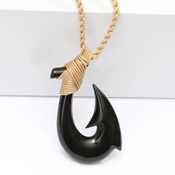 Ladies necklaces with lion pendants -Black Bone Plain Fish Hook Necklace Brown Cord 25x45mm