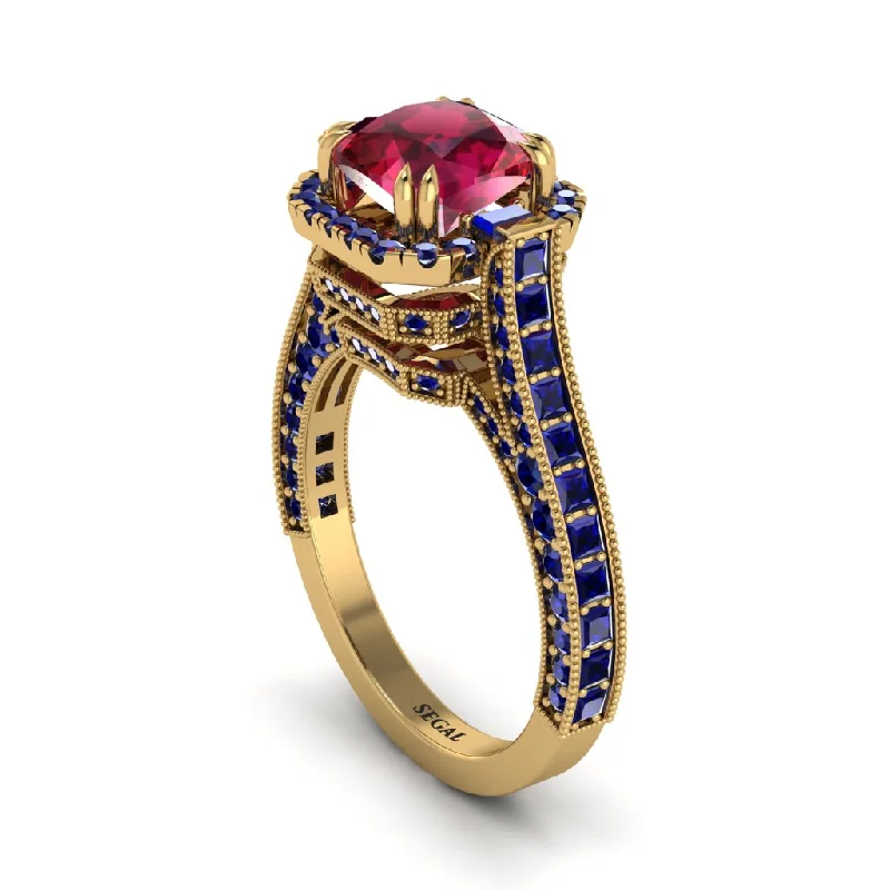 engagement-heart-rose-gold-ring-Ruby Three Halo Milgrain Engagement Ring - Mira No. 70