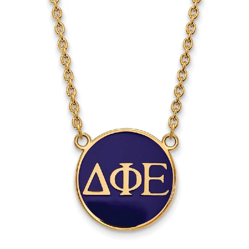 Ladies necklaces for innovators -14K Plated Silver Delta Phi Epsilon Large Blue Enamel Disc Necklace