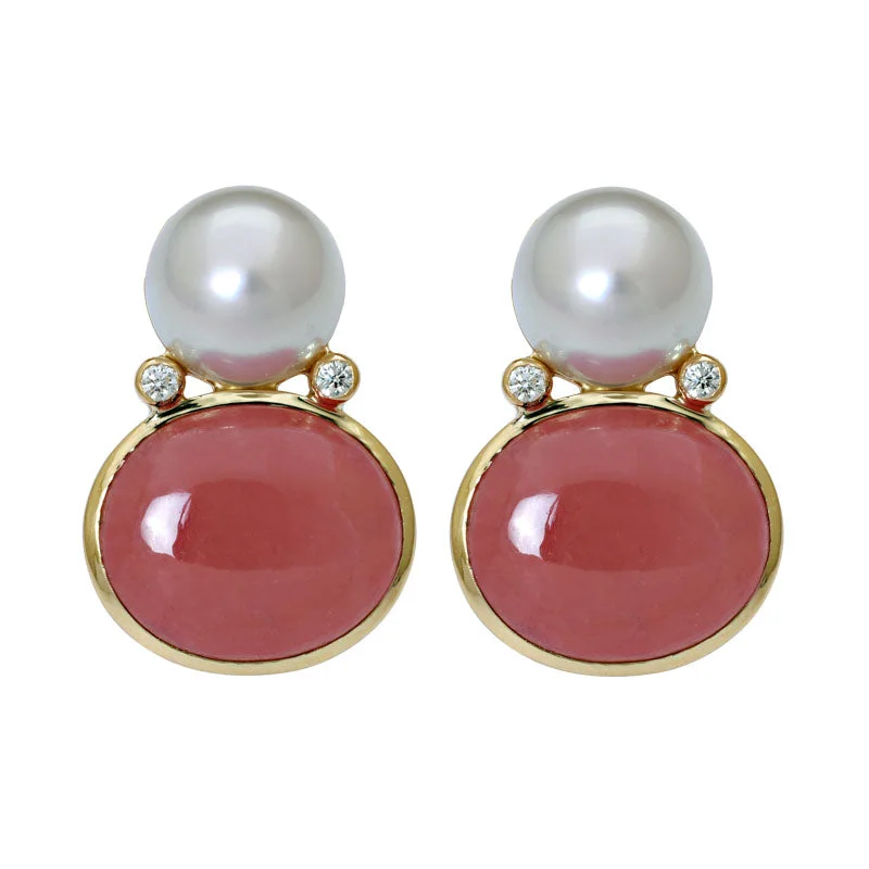 ladies-sterling-silver-charm-earrings-Earrings - Rhodocrosite, South Sea Pearl and Diamond