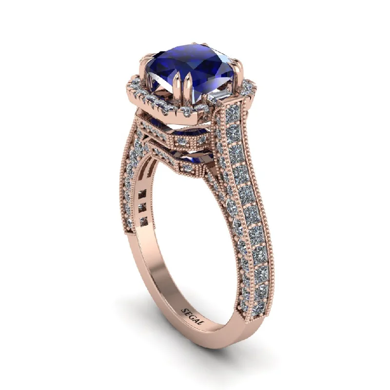 engagement-rose-gold-vintage-ring-Sapphire Three Halo Milgrain Engagement Ring - Mira No. 14