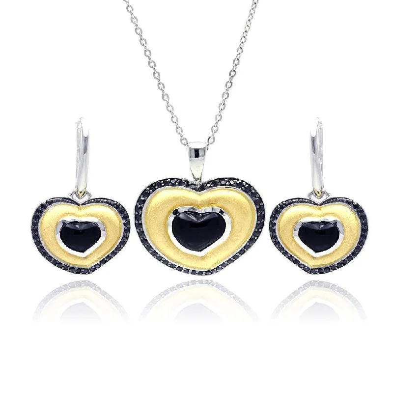 ladies-artisan-diamond-earrings-Clearance-Silver 925 Rhodium Black Rhodium and Gold Plated Heart Black CZ Stud Earring and Necklace Set - BGS00126