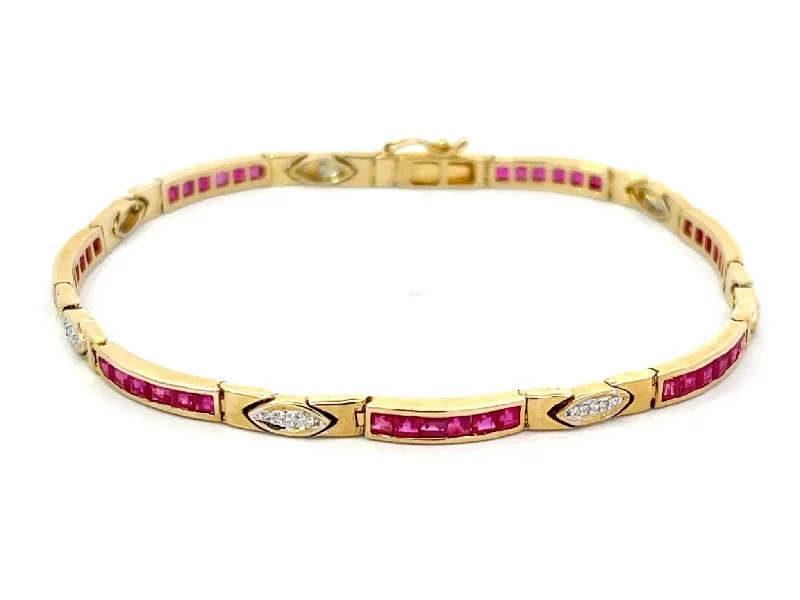 Ladies bracelets gentle glow -Princess Cut Red Ruby and Diamond Link Bracelet in 14k Yellow Gold