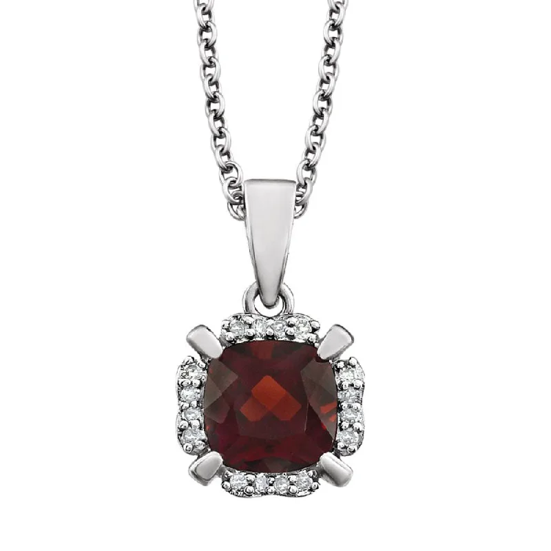 Ladies necklaces for poets -Cushion Mozambique Garnet & Diamond 14k White Gold Necklace, 18 Inch