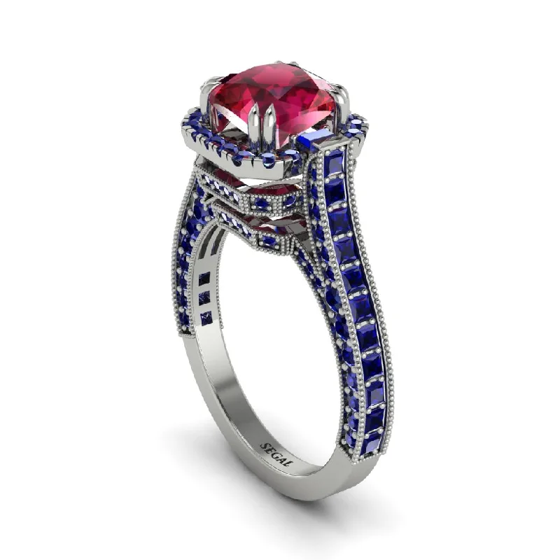 engagement-princess-cut-gold-ring-Ruby Three Halo Milgrain Engagement Ring - Mira No. 72