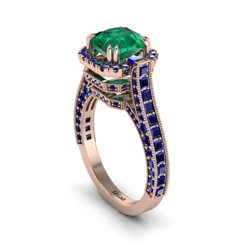 engagement-unique-sapphire-ring-Emerald Three Halo Milgrain Engagement Ring - Mira No. 65