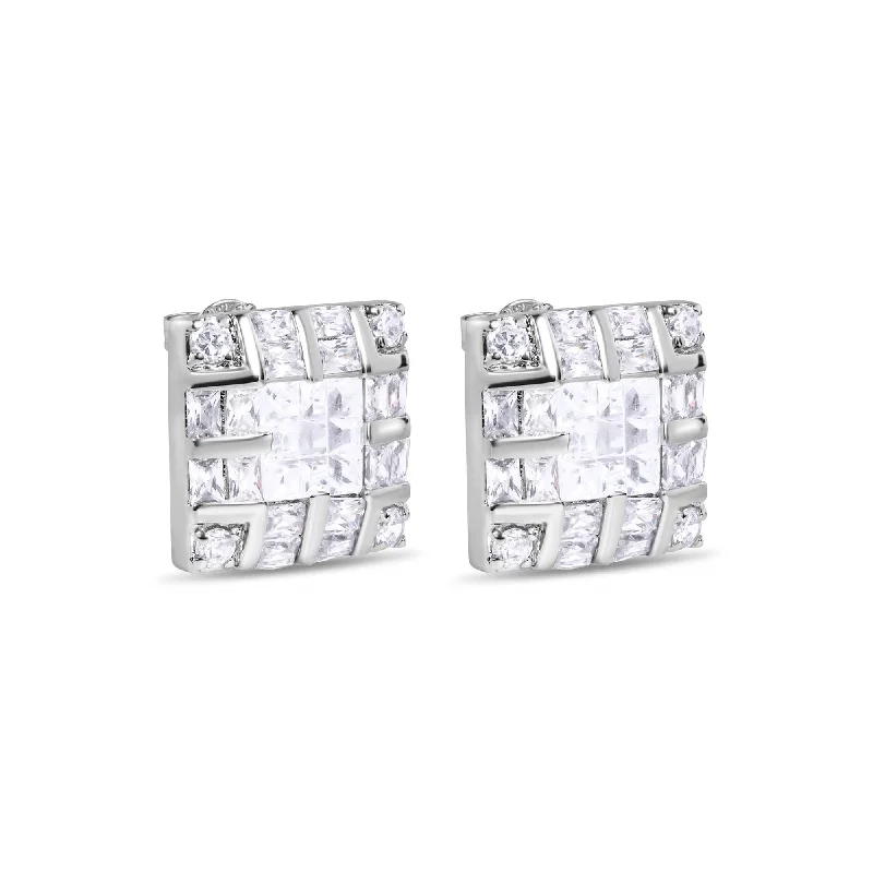 ladies-crystal-stud-earrings-Final Price-Rhodium Plated 925 Sterling Silver Square INV Clear CZ Earrings 15mm - STEM131