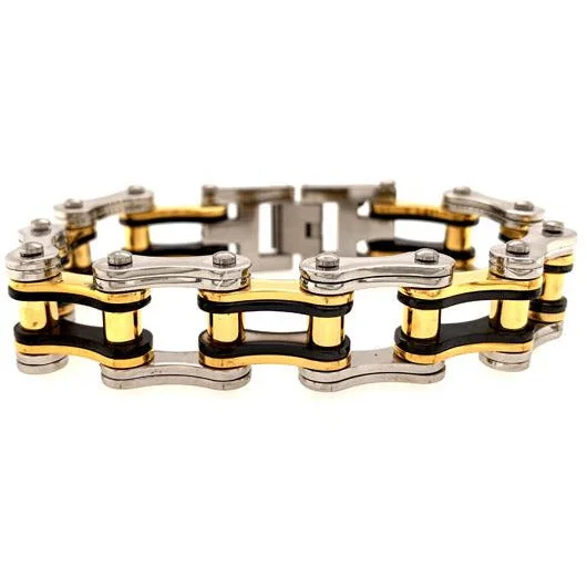 Ladies bracelets chic strands -Stainless Steel Black And 18K Gold PVD Coated Bike Chain Bracelet / WCB1005