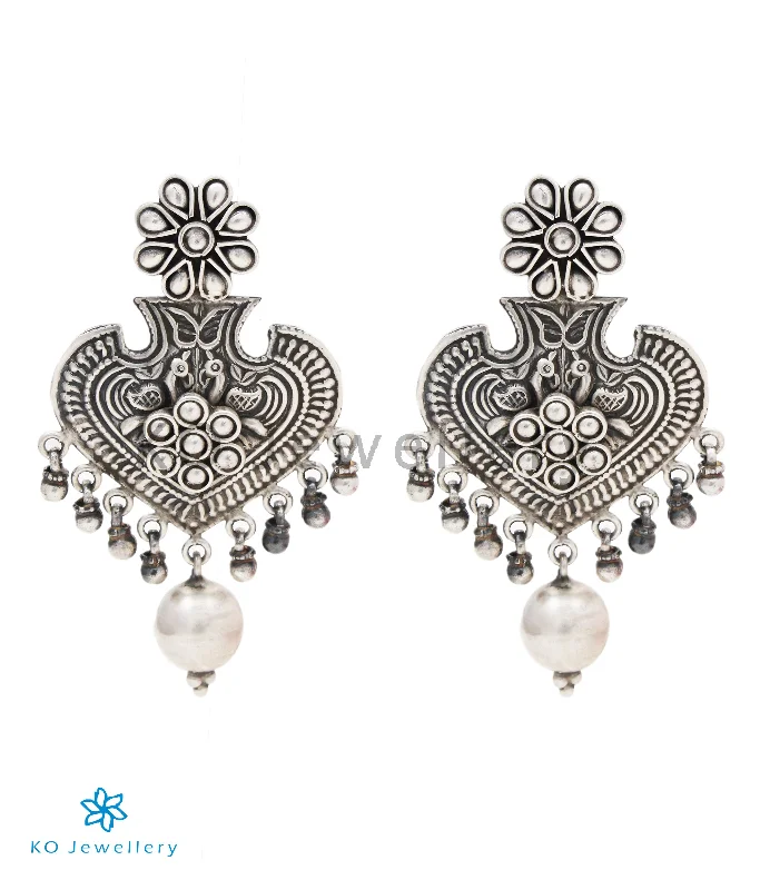 ladies-cross-pearl-earrings-The Bhavika Silver Peacock Earrings (Oxidised)