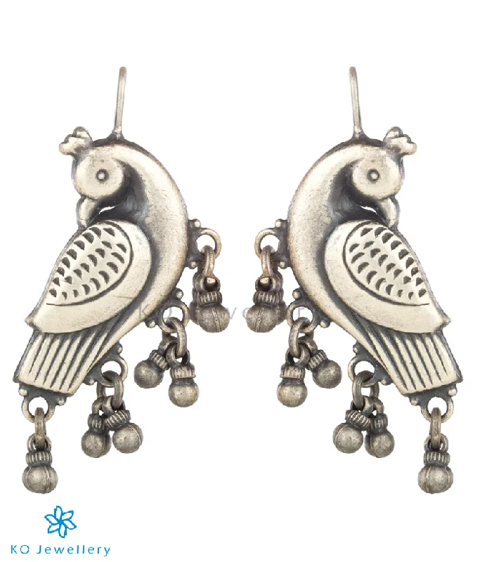 ladies-gold-tassel-earrings-The Kira Silver Parrot Earrings (Oxidised)