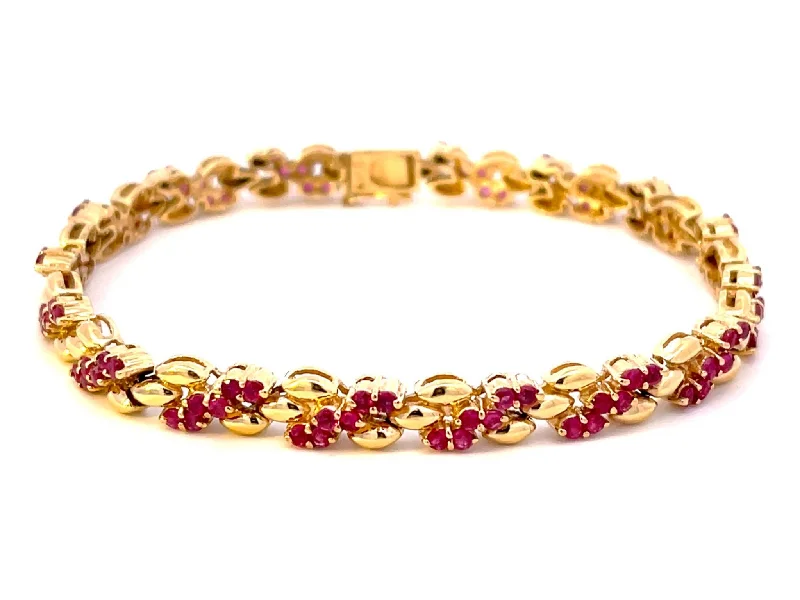 Ladies bracelets for mountain hikes -Round Red Ruby Gold Link Bracelet in 14k Yellow Gold