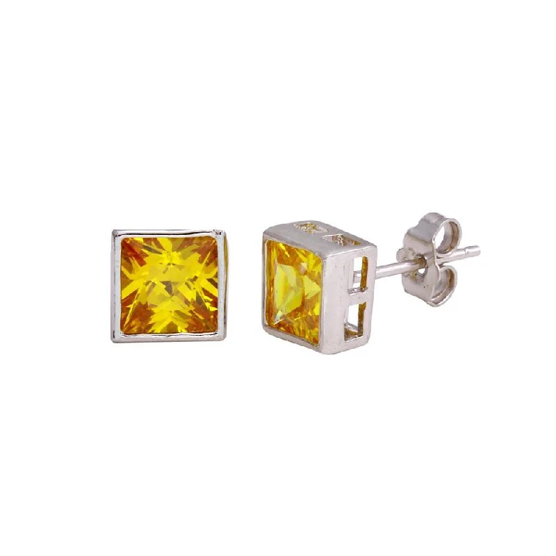 ladies-heart-hoop-earrings-Final Price-Rhodium Plated 925 Sterling Silver Square Yellow CZ Stud Earring - STEM151-5MM